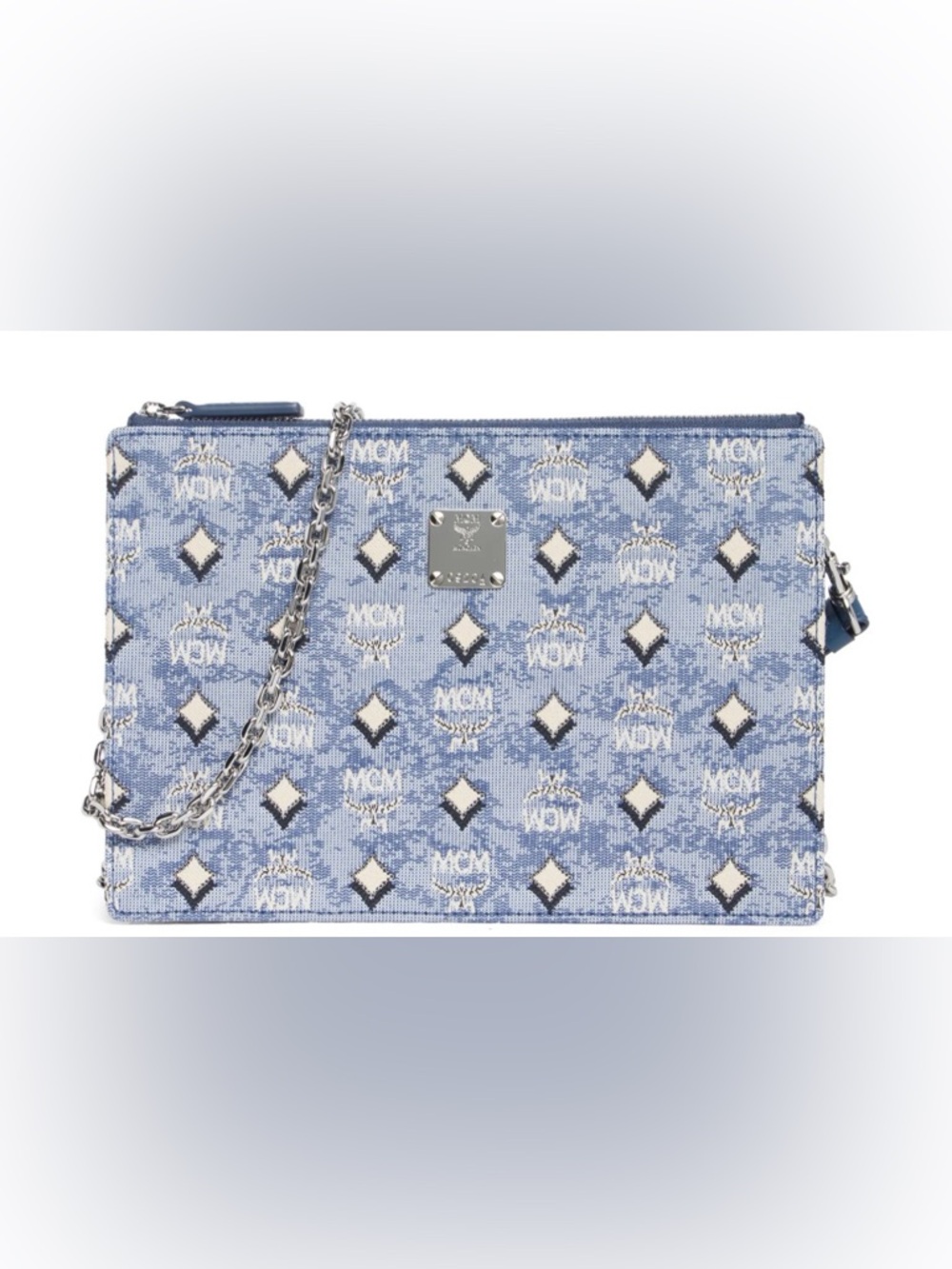 MCM NWOT Aren Blue Monogram Chain Crossbody Bag with Silver Hardware